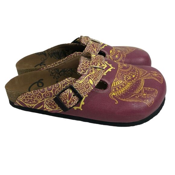 Calceo Mosaic Patterned Purple/Pink/Yellow Elephant Buckle Strap Clogs Sz 37 - Picture 1 of 8